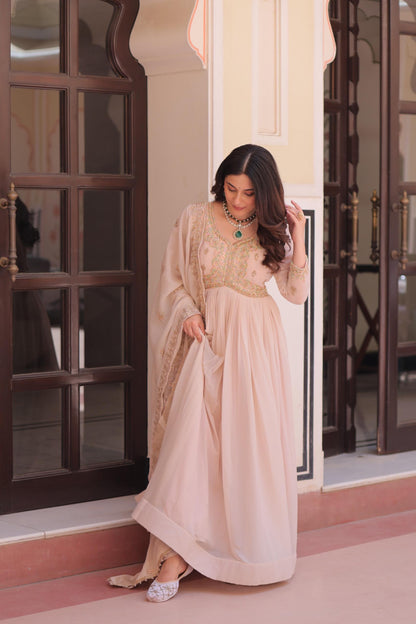 Peach Color Star Georgette Beads Sequins Embroidery Gown with Dupatta