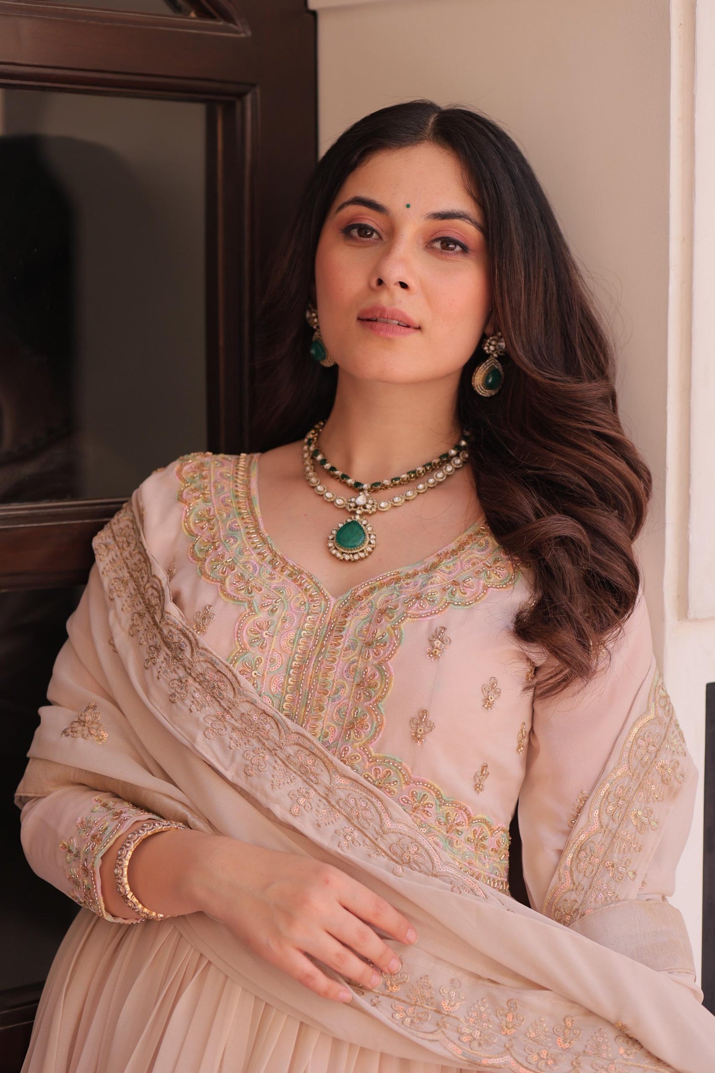 Peach Color Star Georgette Beads Sequins Embroidery Gown with Dupatta