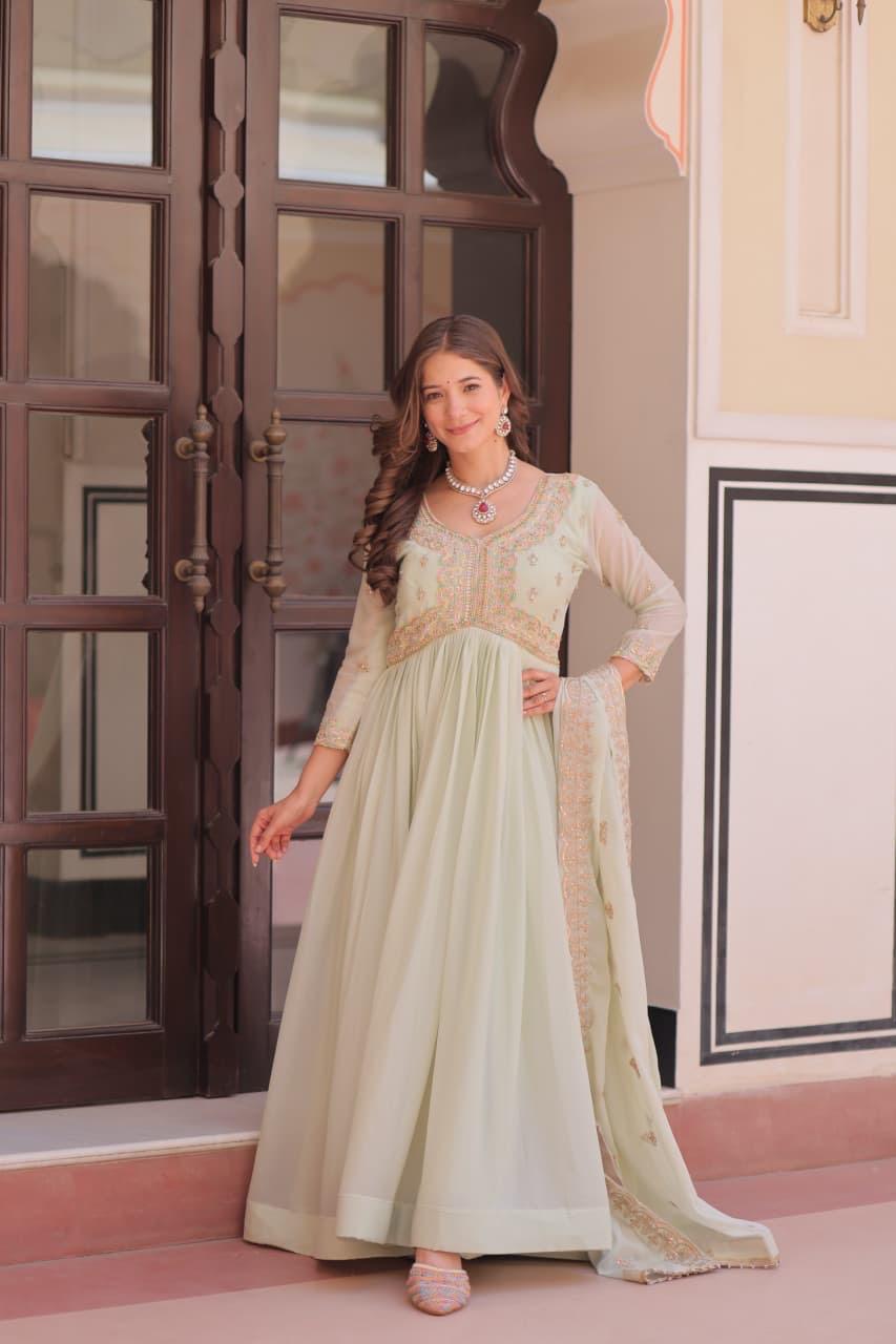 Mint Green Georgette Anarkali Suit With Beadwork