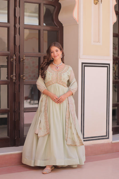 Mint Green Georgette Anarkali Suit With Beadwork