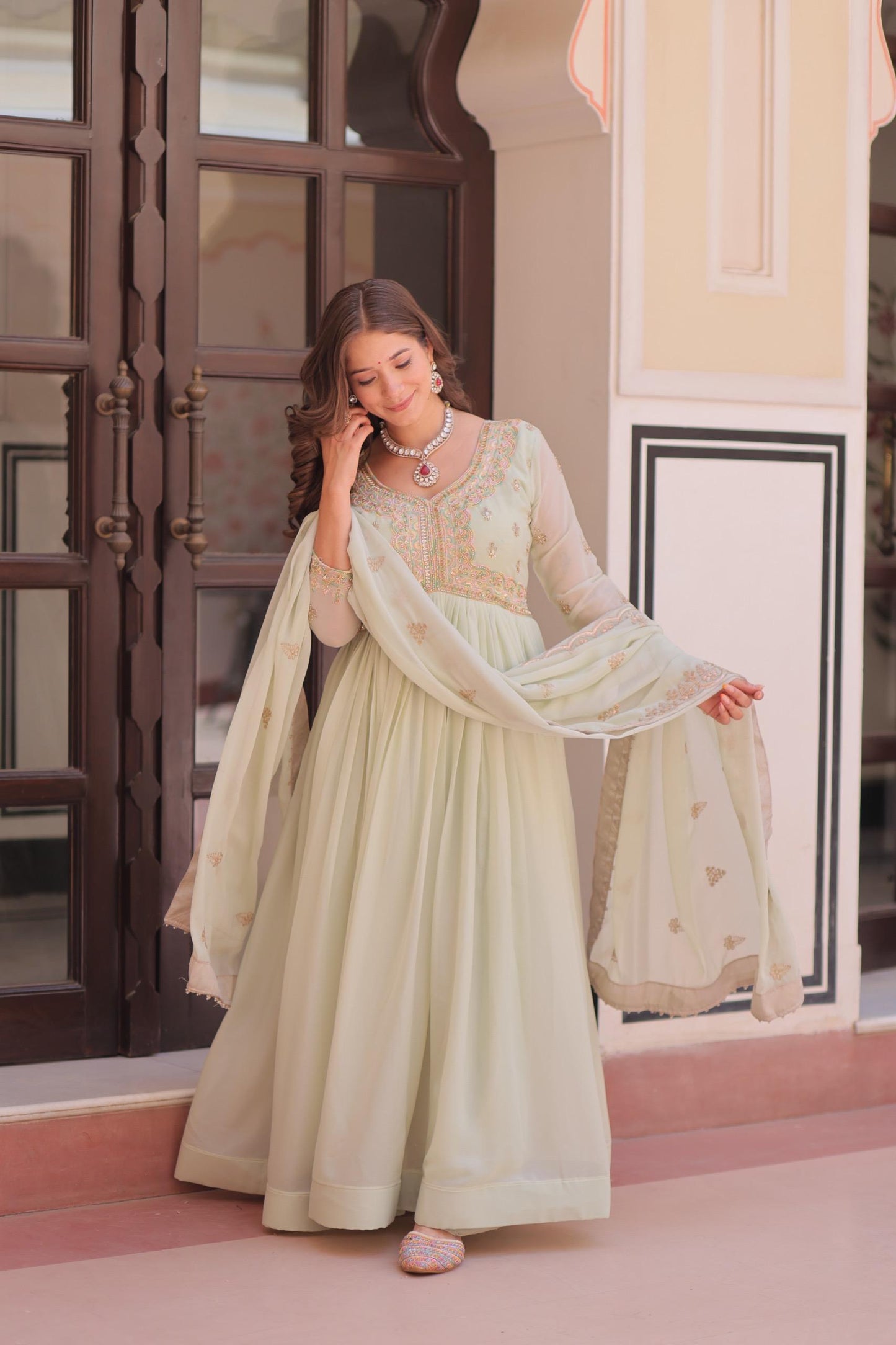 Mint Green Georgette Anarkali Suit With Beadwork