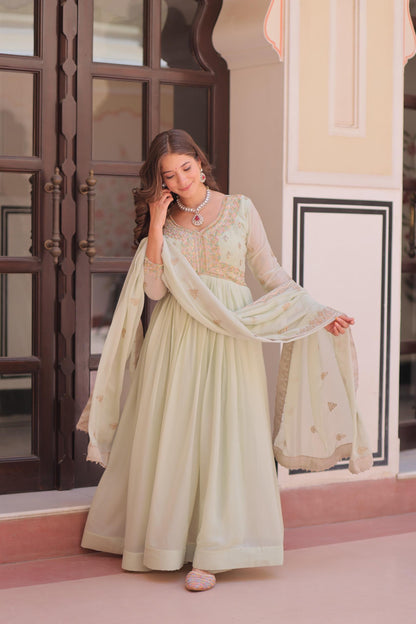 Mint Green Georgette Anarkali Suit With Beadwork