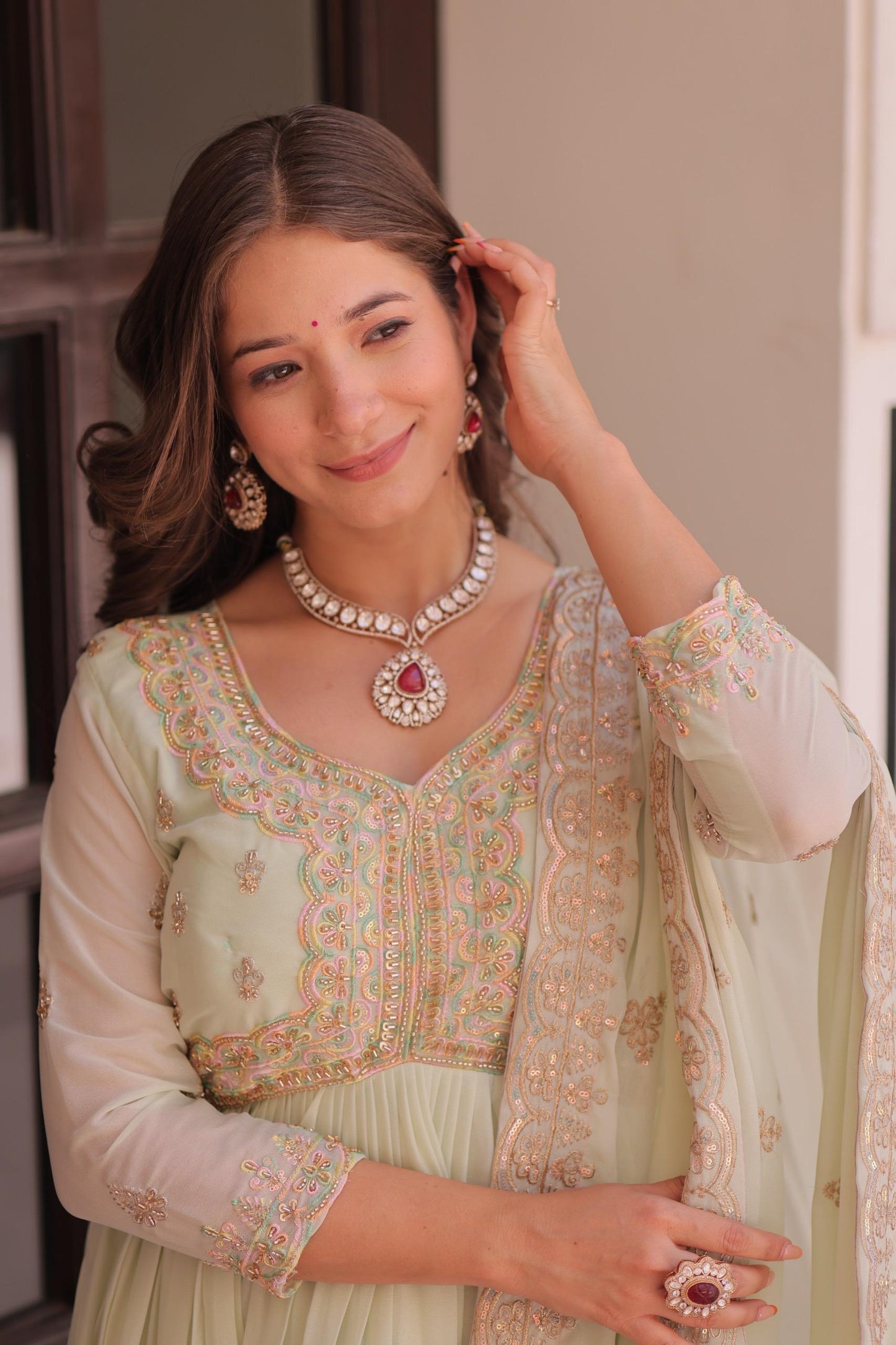 Mint Green Georgette Anarkali Suit With Beadwork