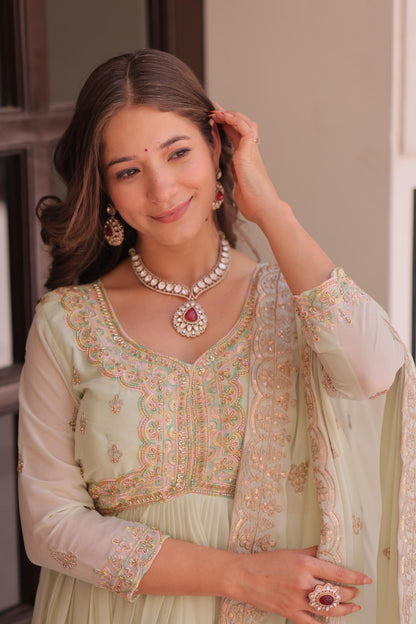 Mint Green Georgette Anarkali Suit With Beadwork