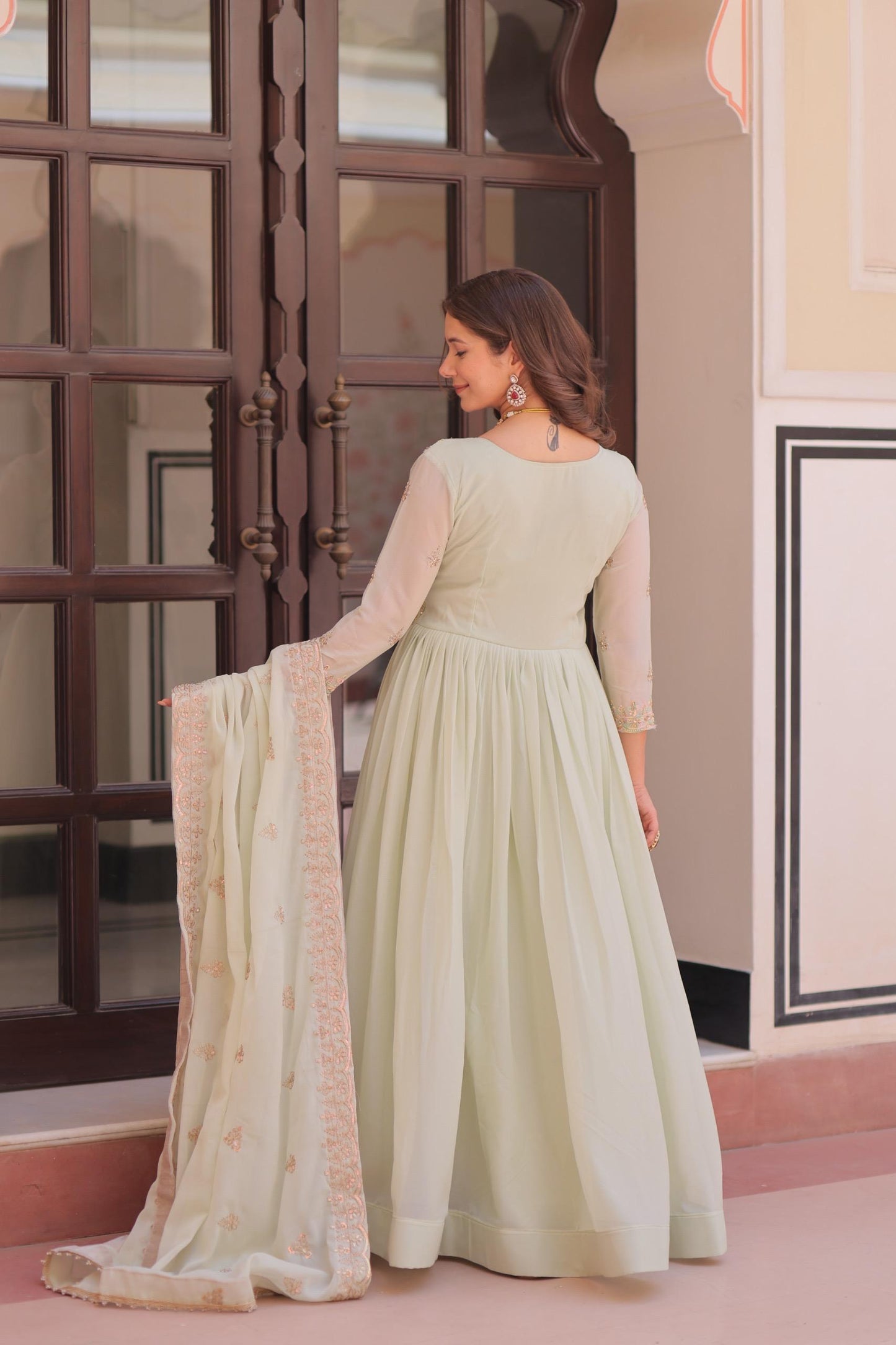 Mint Green Georgette Anarkali Suit With Beadwork