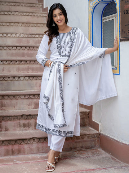 Viscose Roman Silk White Embroidery Straight Kurta Pant