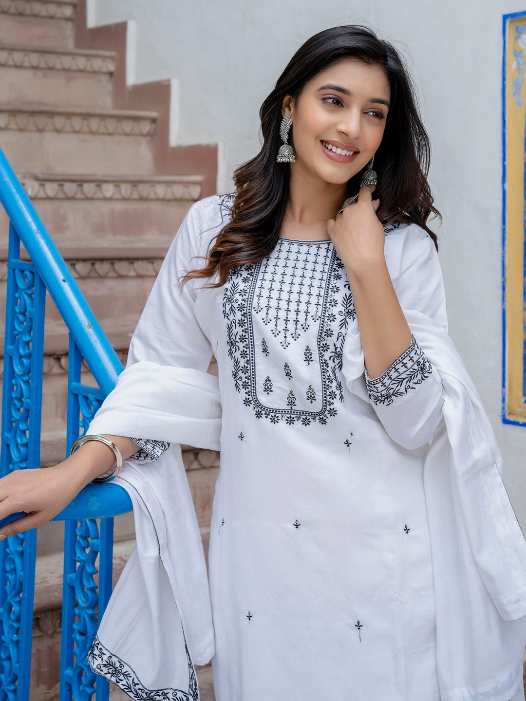 Viscose Roman Silk White Embroidery Straight Kurta Pant