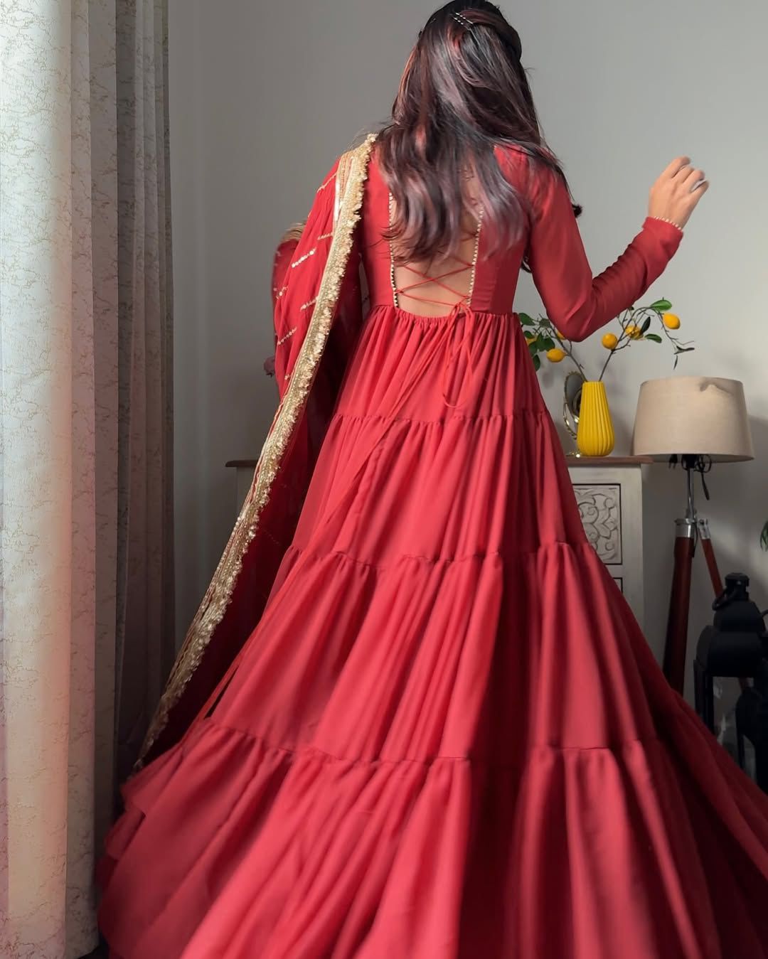 Red  Faux Georgette Ruffle Style Anarkali Gown