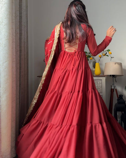 Red  Faux Georgette Ruffle Style Anarkali Gown