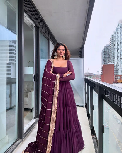 Wine Faux Georgette Fabric Ruffle Style Anarkali Gown