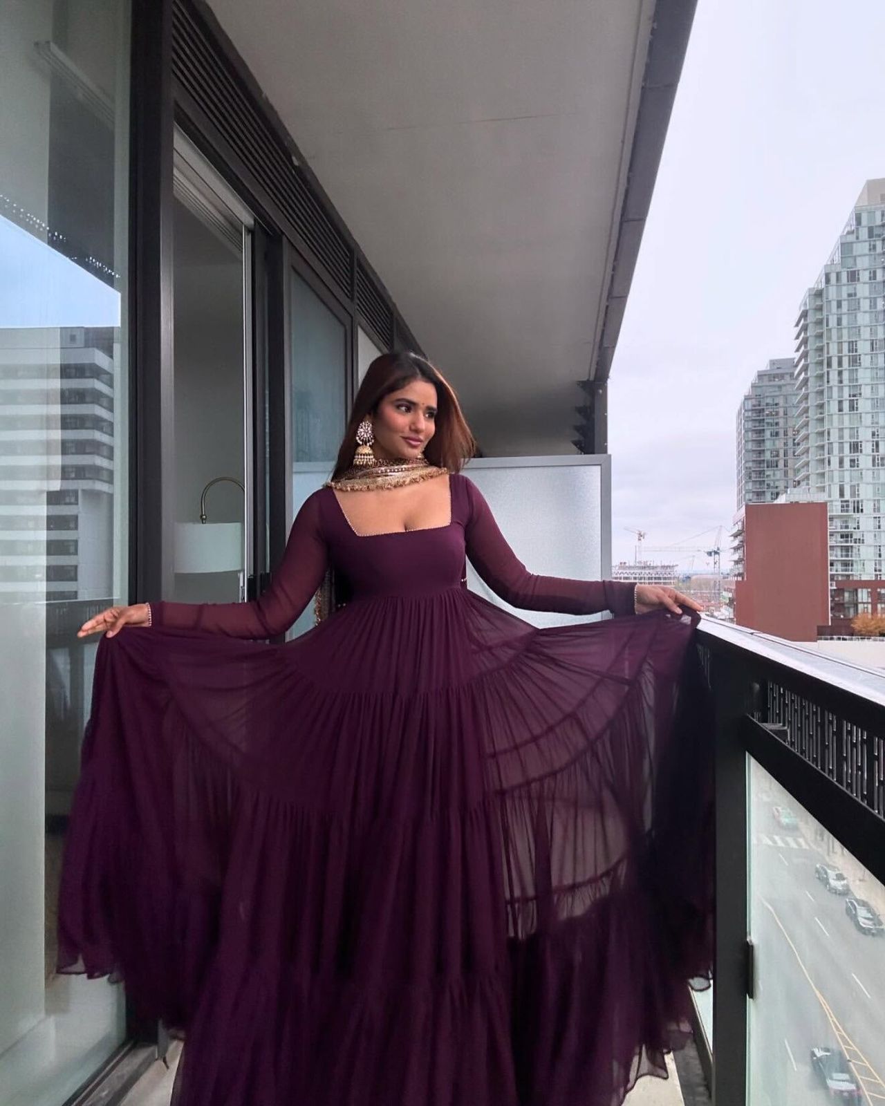 Wine Faux Georgette Fabric Ruffle Style Anarkali Gown