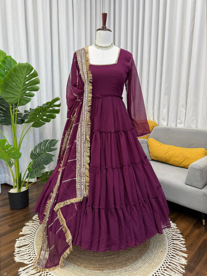 Wine Faux Georgette Fabric Ruffle Style Anarkali Gown