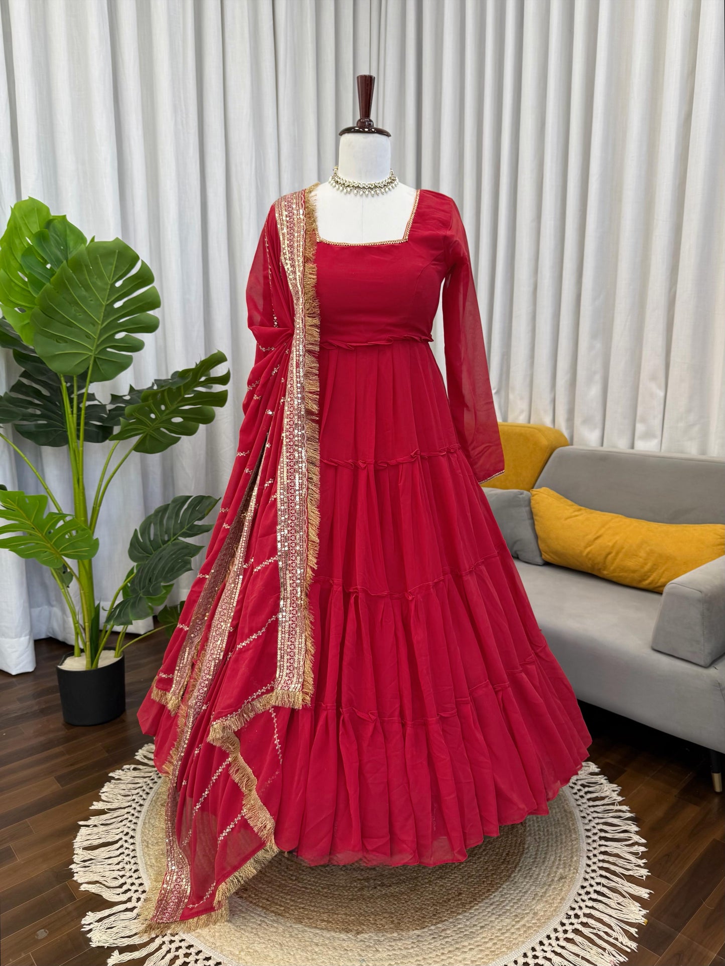 Red  Faux Georgette Ruffle Style Anarkali Gown
