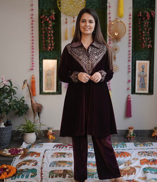 Wine Velvet Designer Wear Kurta Plazzo With Sequence Embroidery Work