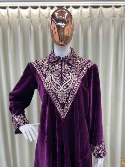 Wine Velvet Designer Wear Kurta Plazzo With Sequence Embroidery Work