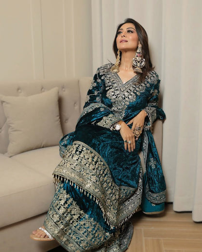 Premium Velvet Sequins Embroidery Suit with Dupatta