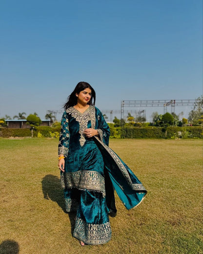 Premium Velvet Sequins Embroidery Suit with Dupatta