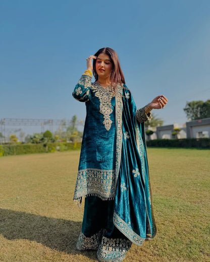 Premium Velvet Sequins Embroidery Suit with Dupatta
