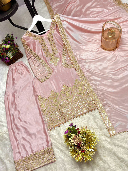 Ready to Wear 3 Piece Fancy Peach Kurti with Plazo & Duppta