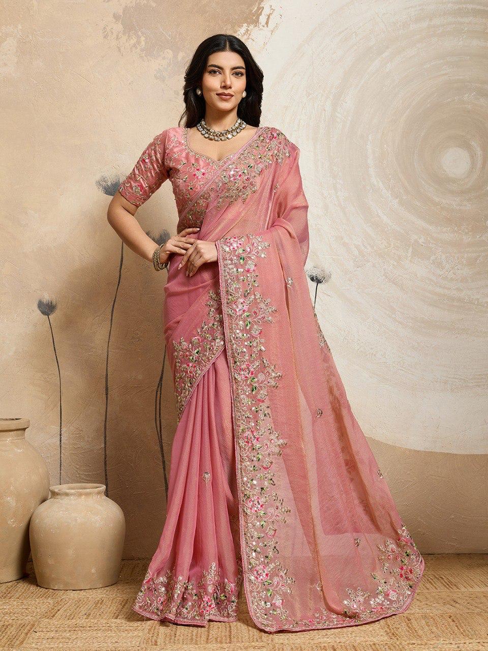 Designer Chiffon Saree with Embroidery Cutwork Border & Mono Banglory Blouse