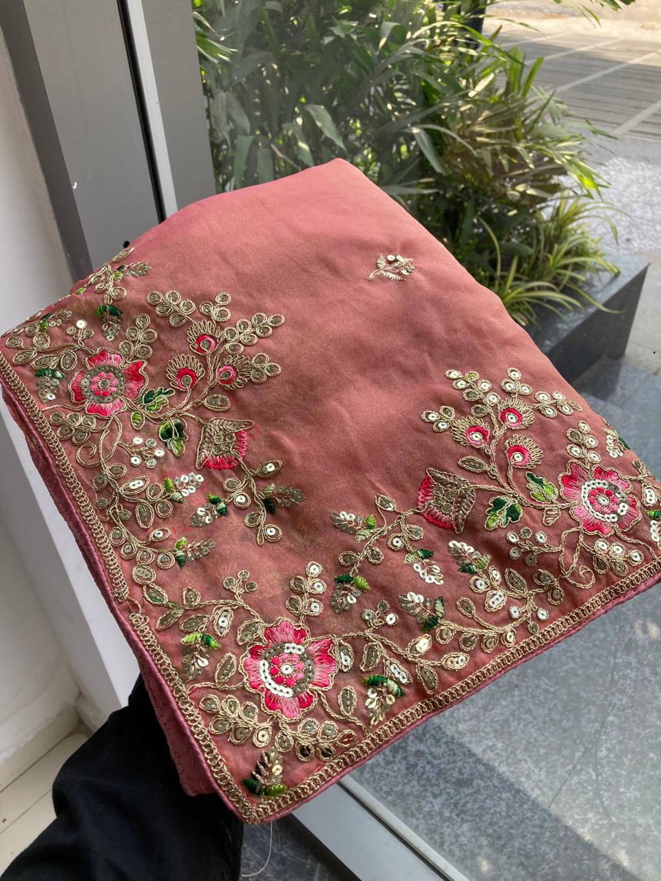 Designer Chiffon Saree with Embroidery Cutwork Border & Mono Banglory Blouse