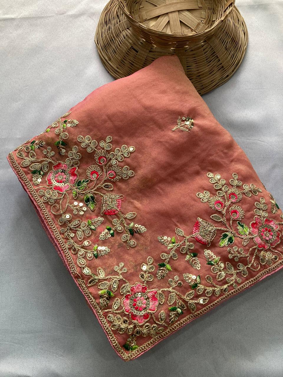 Designer Chiffon Saree with Embroidery Cutwork Border & Mono Banglory Blouse