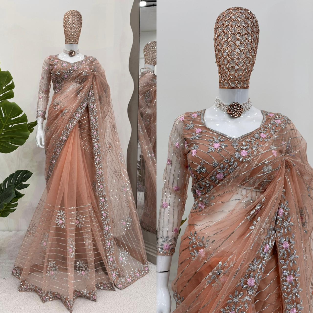 Designer Soft Net Saree with Thread & Sequence Work