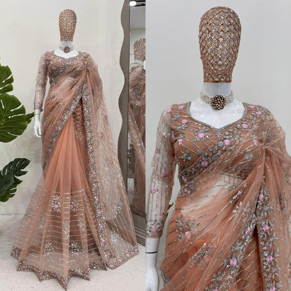 Designer Soft Net Saree with Thread & Sequence Work