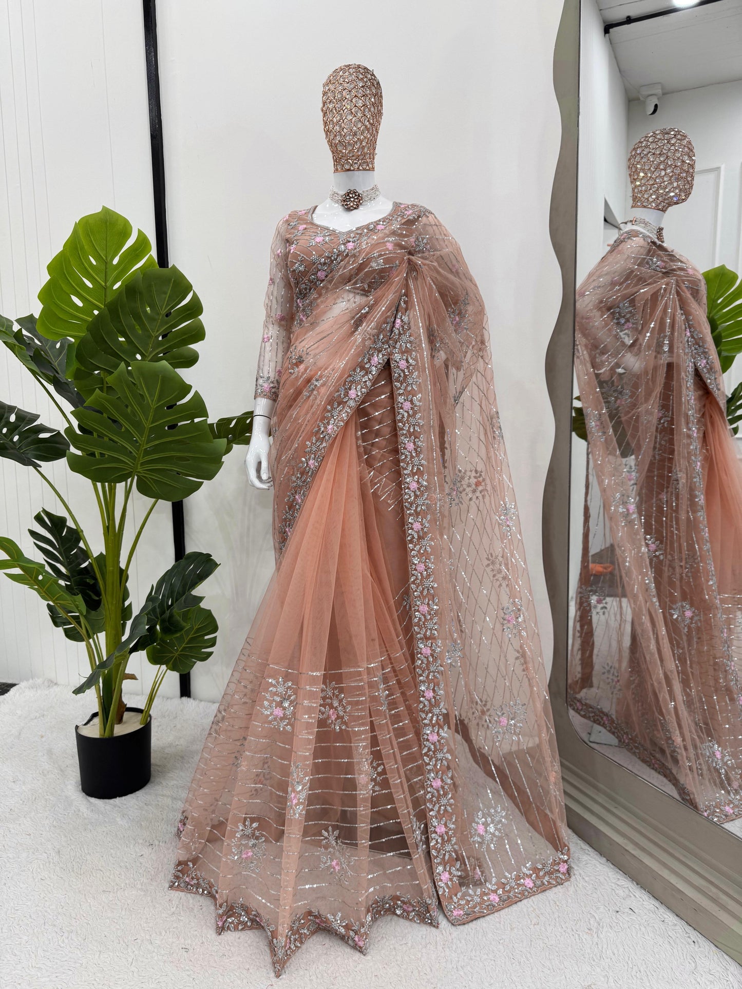 Designer Soft Net Saree with Thread & Sequence Work