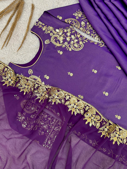 Wedding Wear Roman Shimmer Silk Kurti Plazzo Dupatta Set