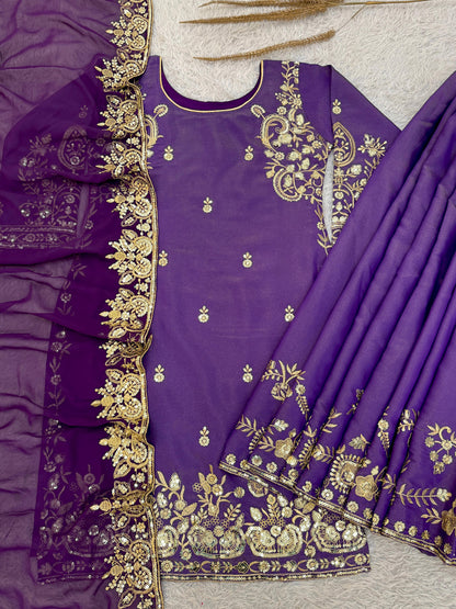 Wedding Wear Roman Shimmer Silk Kurti Plazzo Dupatta Set