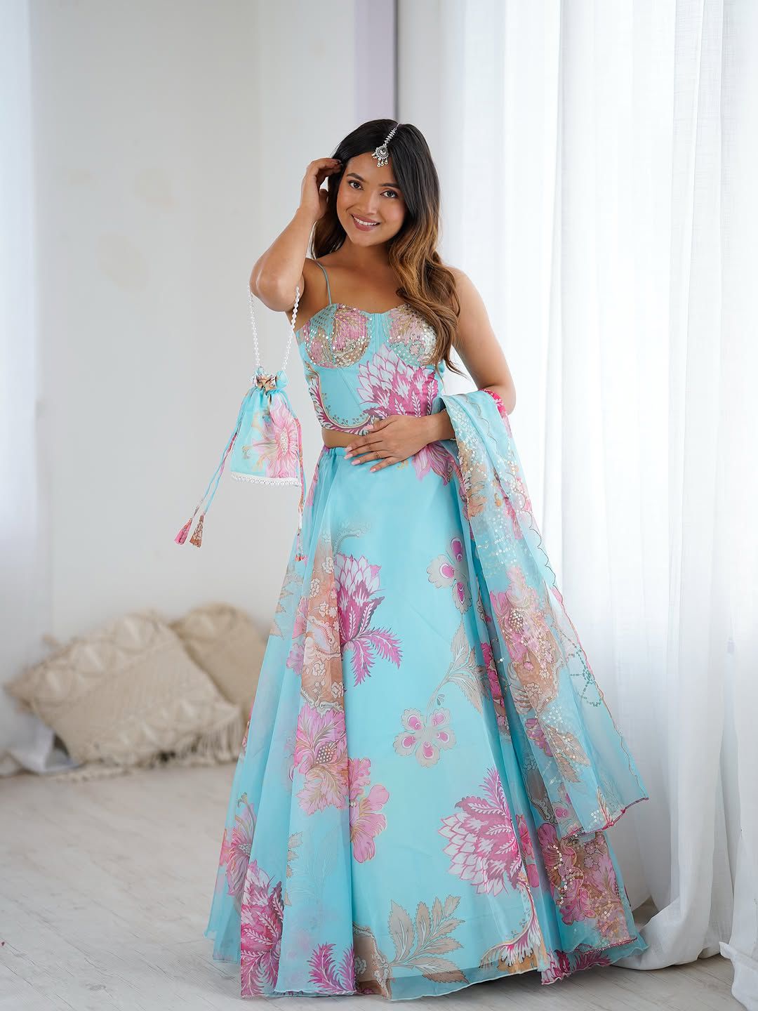 Pastel Blue Organza Lehenga Choli with Corset Blouse & Designer Batwa