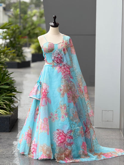 Pastel Blue Organza Lehenga Choli with Corset Blouse & Designer Batwa