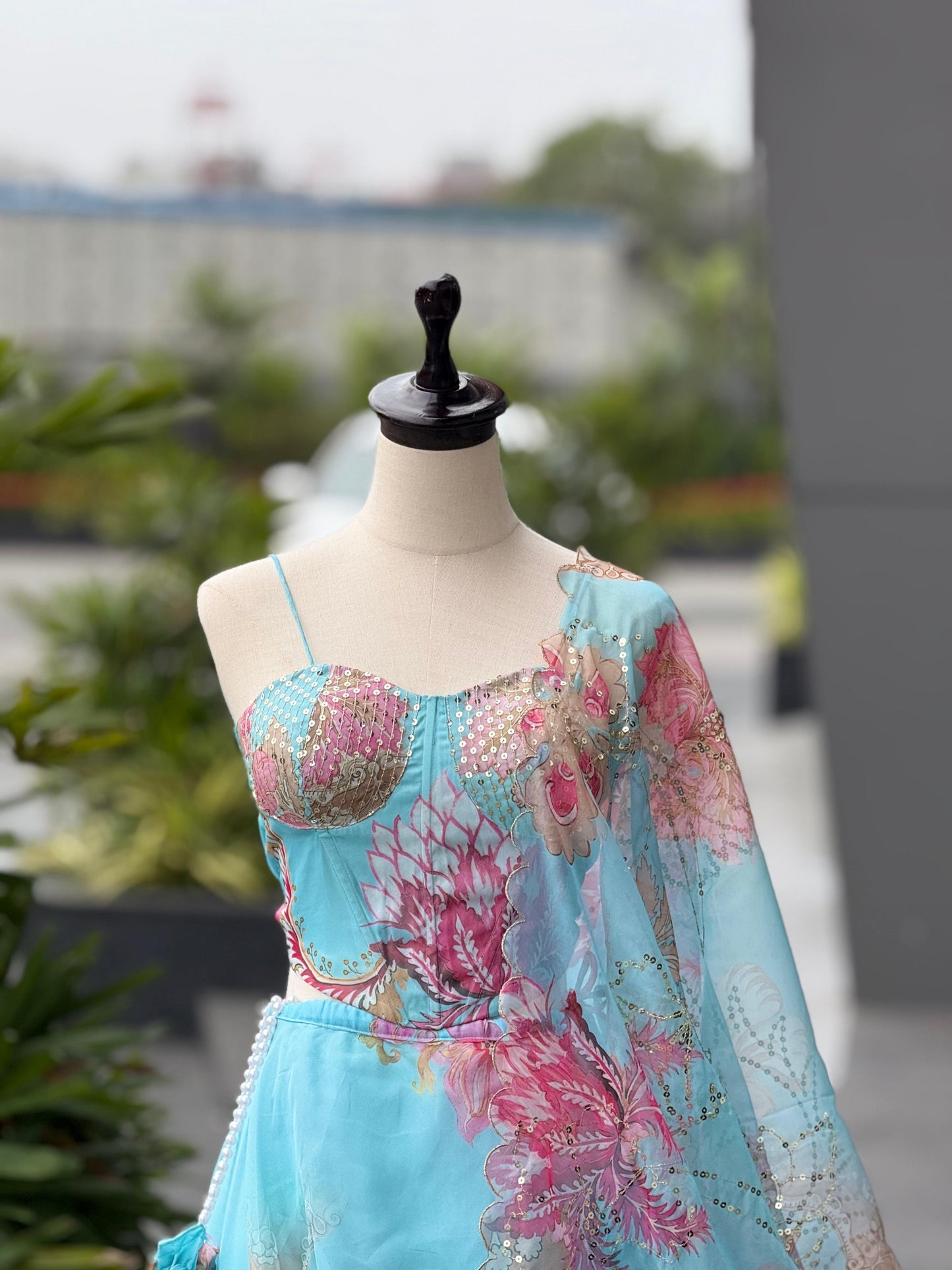 Pastel Blue Organza Lehenga Choli with Corset Blouse & Designer Batwa