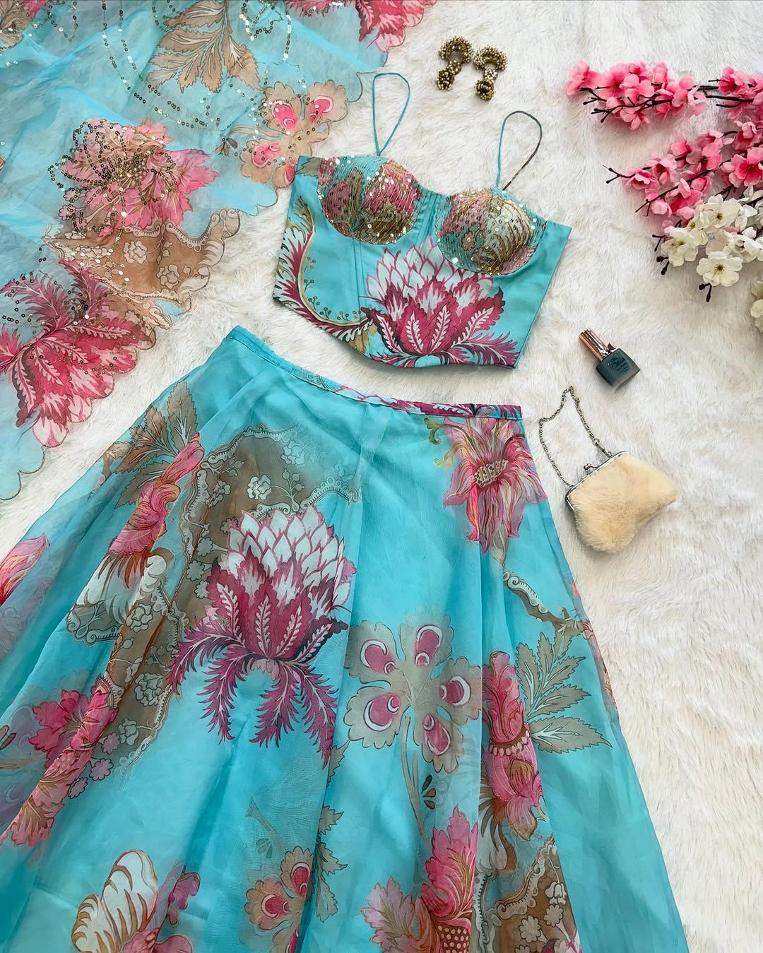 Pastel Blue Organza Lehenga Choli with Corset Blouse & Designer Batwa