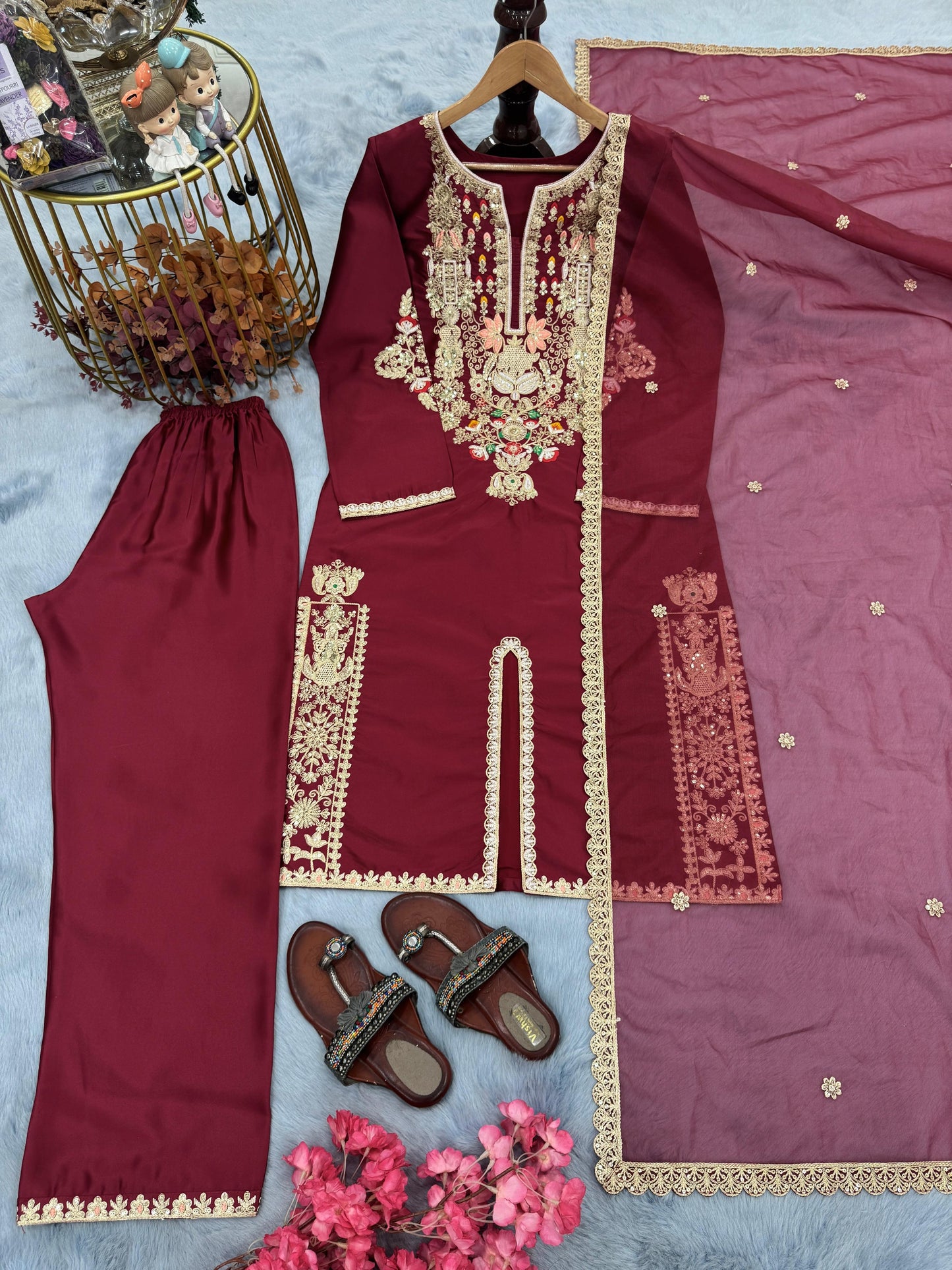 Wedding Wear Satin Silk Kurti Plazzo with Embroidery & Dupatta