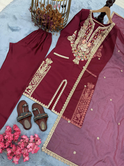 Wedding Wear Satin Silk Kurti Plazzo with Embroidery & Dupatta