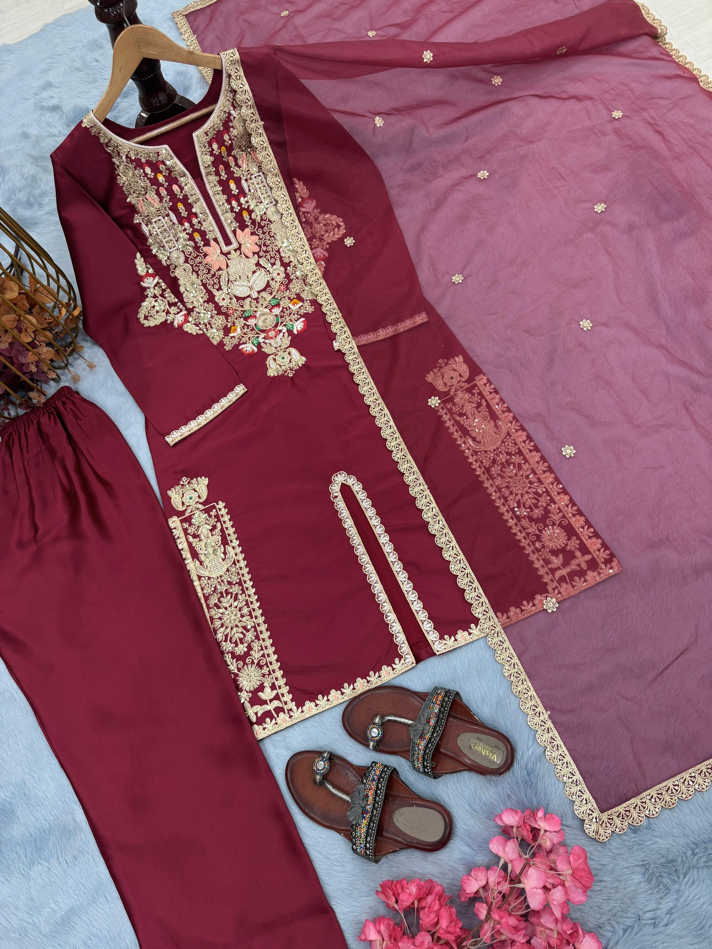 Wedding Wear Satin Silk Kurti Plazzo with Embroidery & Dupatta