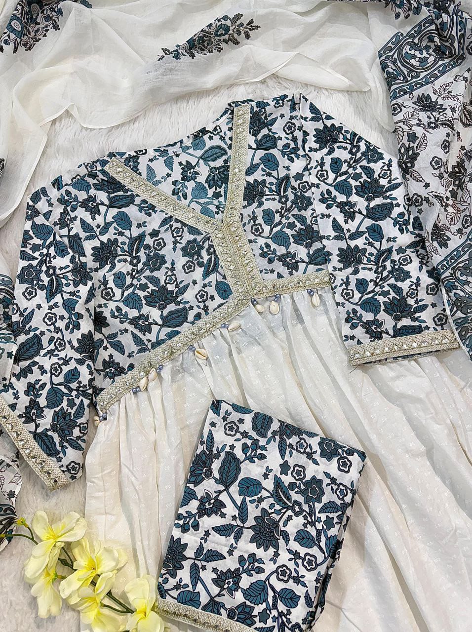 Alia Style Cotton Flair Kurti Pant Set with Malmal Dupatta