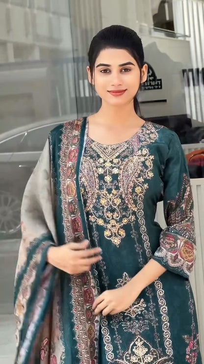 Premium Teal Green Embroidered Look Suit with Dupatta