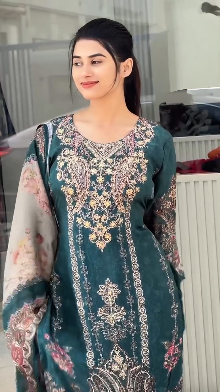 Premium Teal Green Embroidered Look Suit with Dupatta