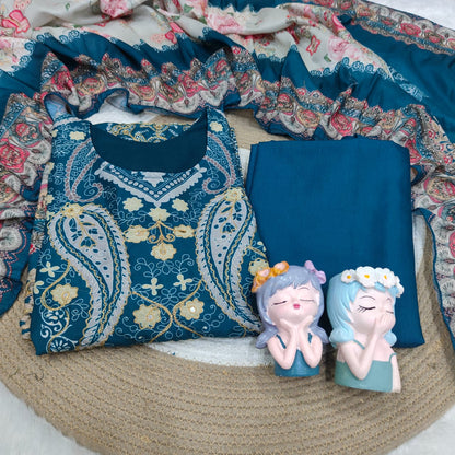 Premium Teal Green Embroidered Look Suit with Dupatta