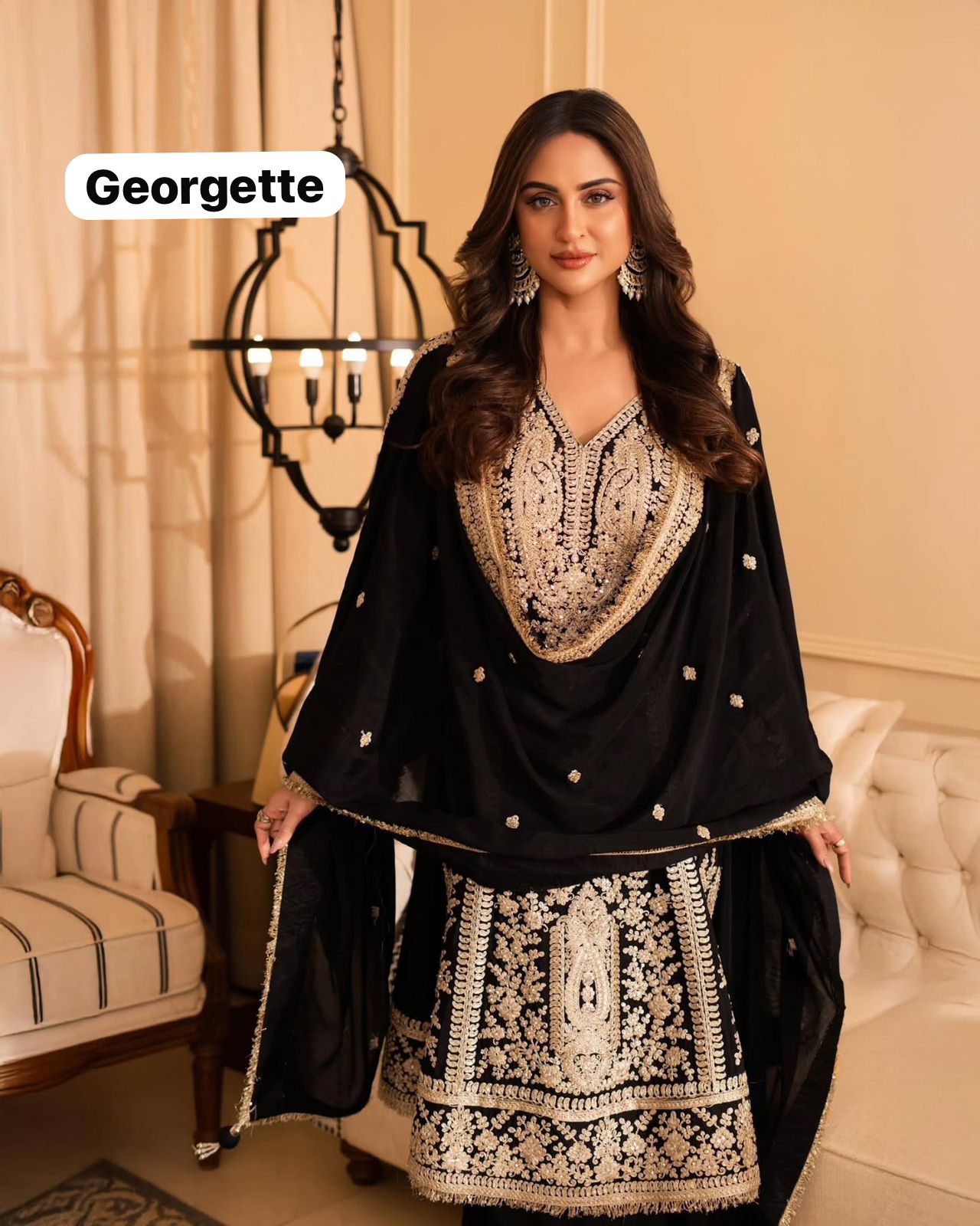 Black Georgette Sequins Work Suit Set for Women |