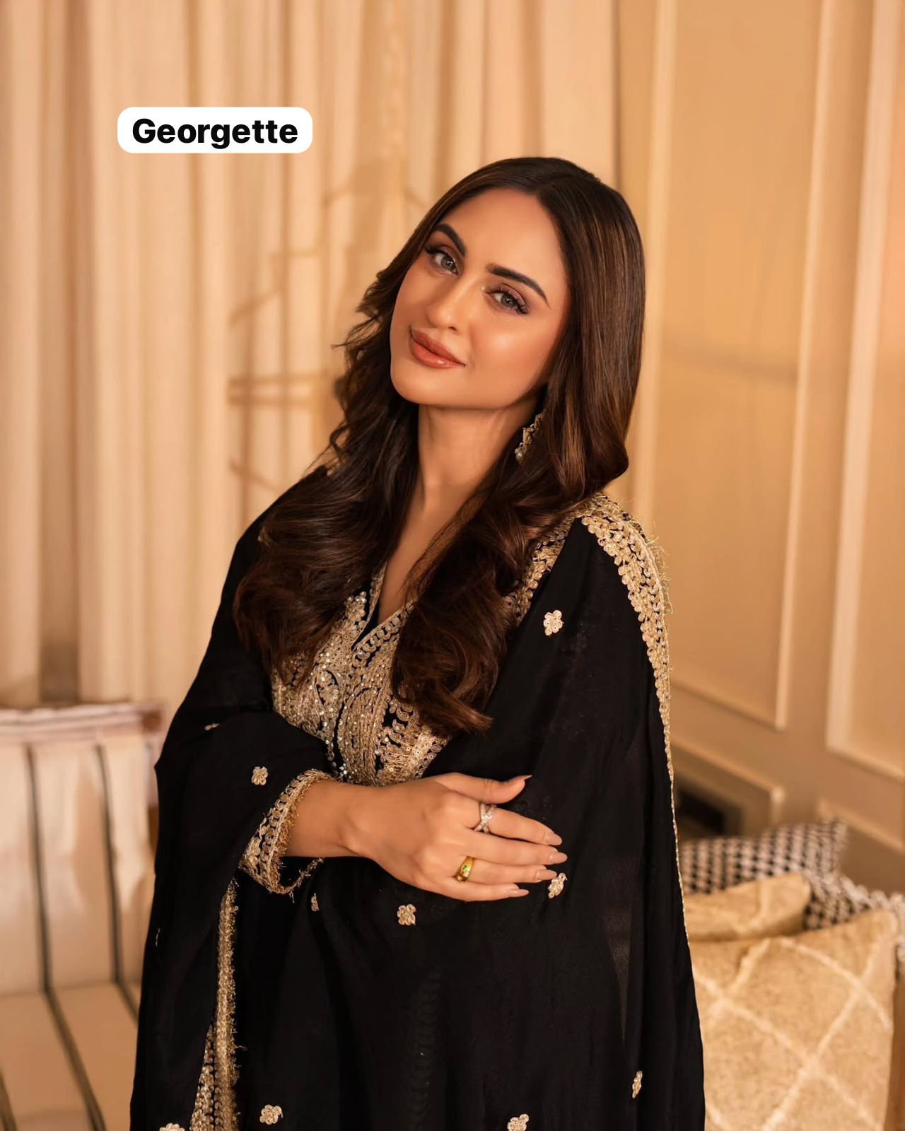 Black Georgette Sequins Work Suit Set for Women |