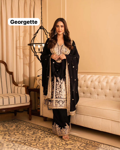 Black Georgette Sequins Work Suit Set for Women |