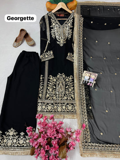Black Georgette Sequins Work Suit Set for Women |