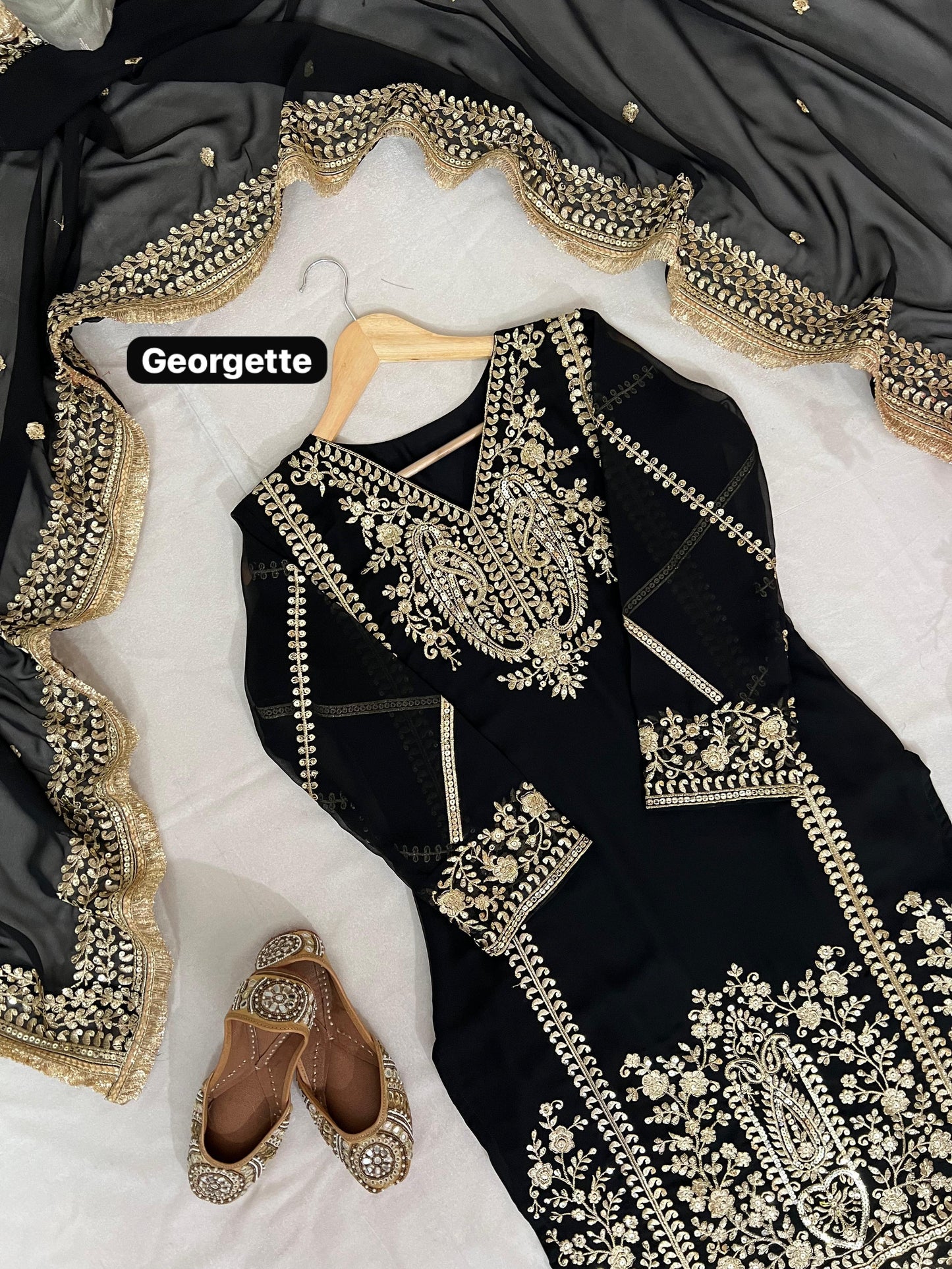 Black Georgette Sequins Work Suit Set for Women |