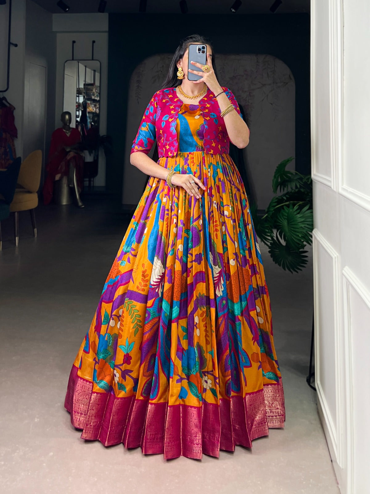 Kalamkari Tasar Silk Gown with Micro Crepe Lining