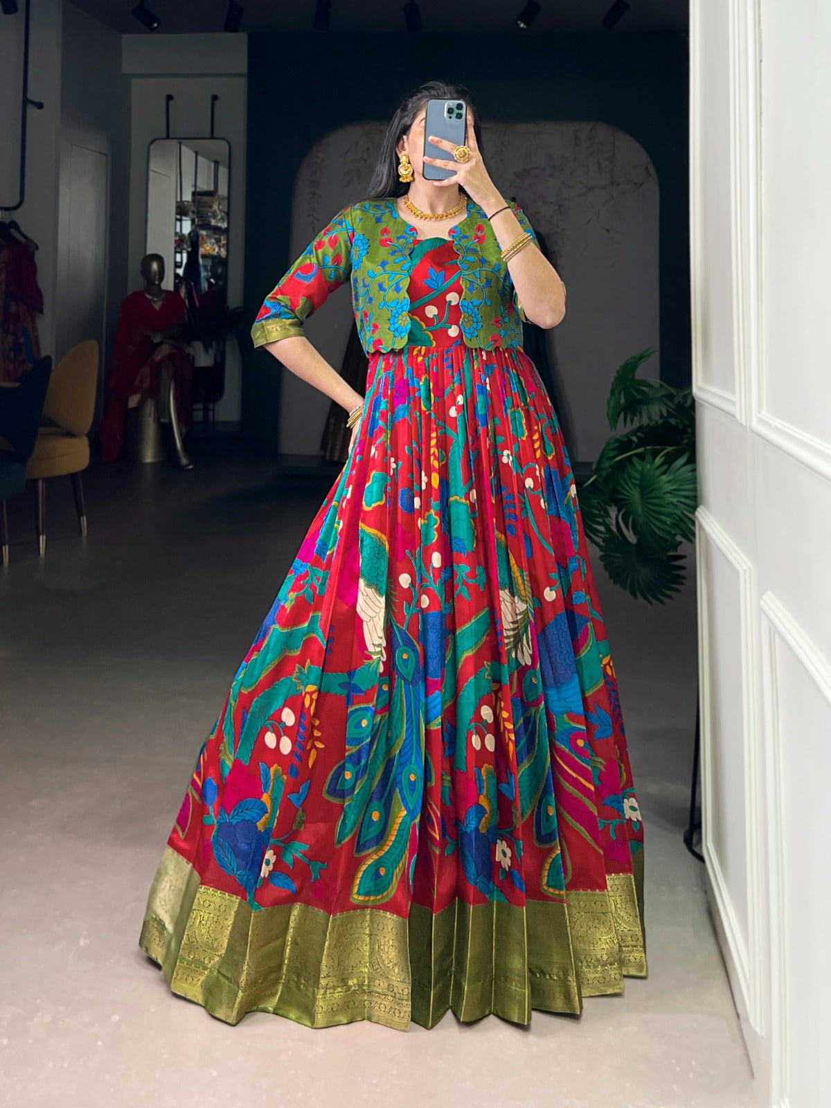Kalamkari Print Tasar Silk Gown & Koti Set