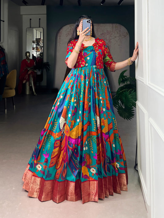 Designer Tasar Silk Kalamkari Gown with Zari Weaving Koti